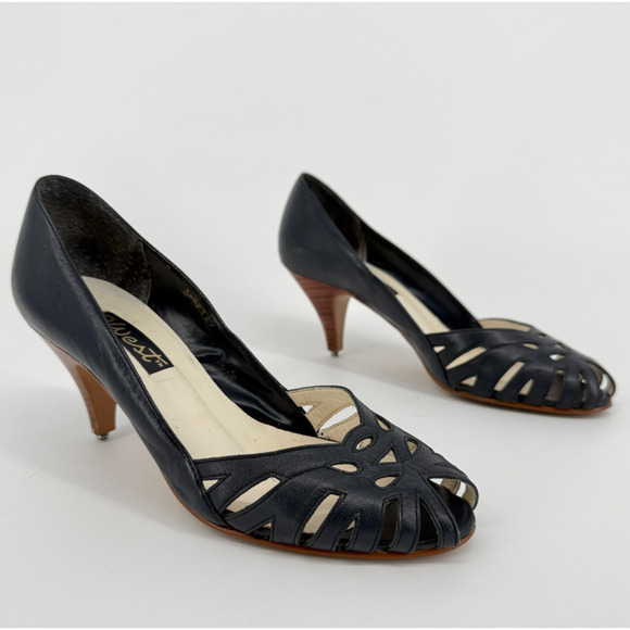 Vtg Nine West Cutout Heels Size 7 Blue Leather Peep Toe Made In Brazil 80s Retro - Picture 1 of 8